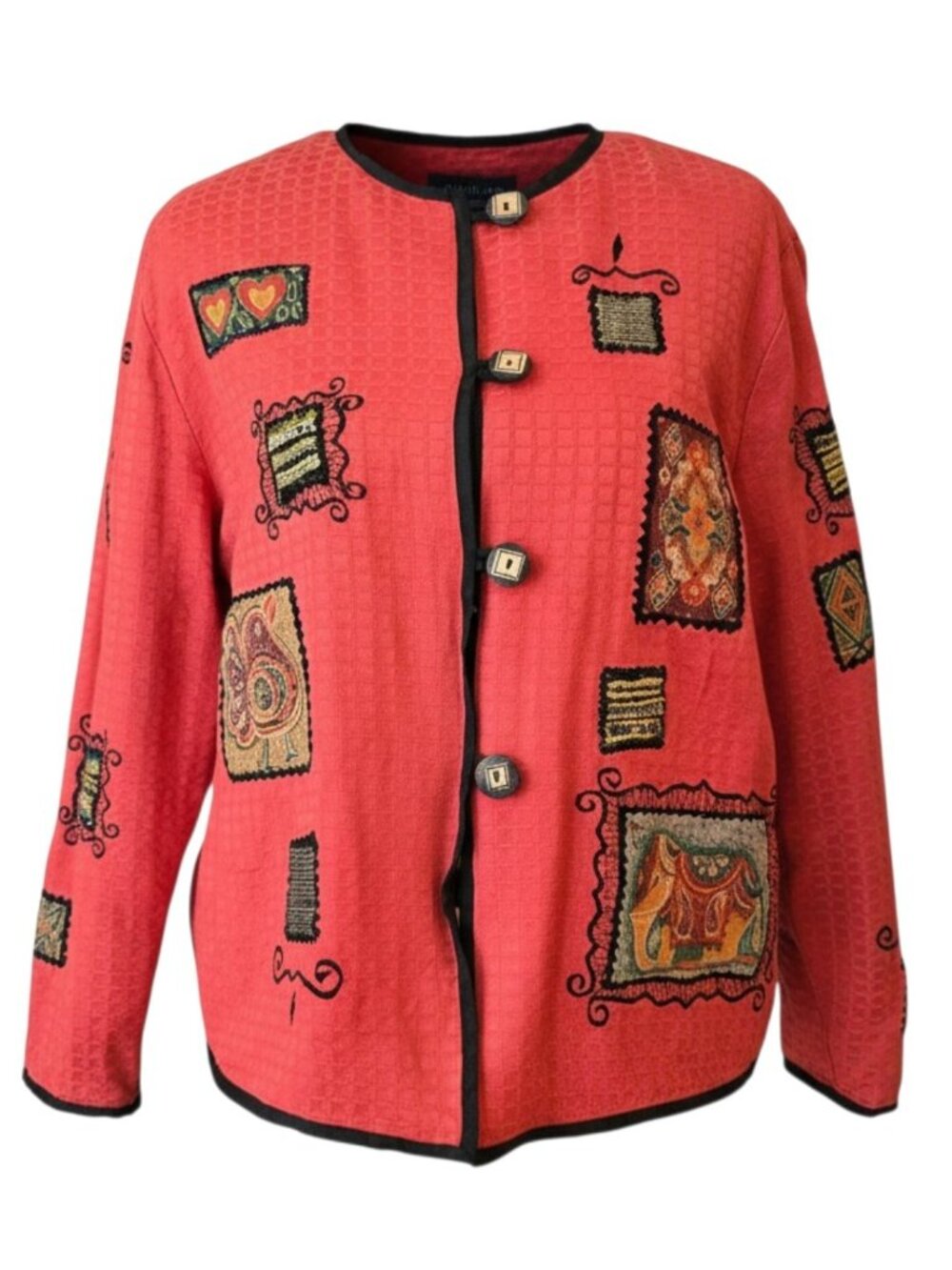 ​VTG Julia Kim Art To Wear Jacket M Orange Black Elephant Embroidered Patchwork